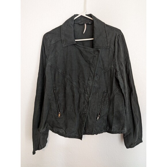 Free People Jacket Womens Small Linen Blend Black Moto Distressed Faded - Picture 1 of 7